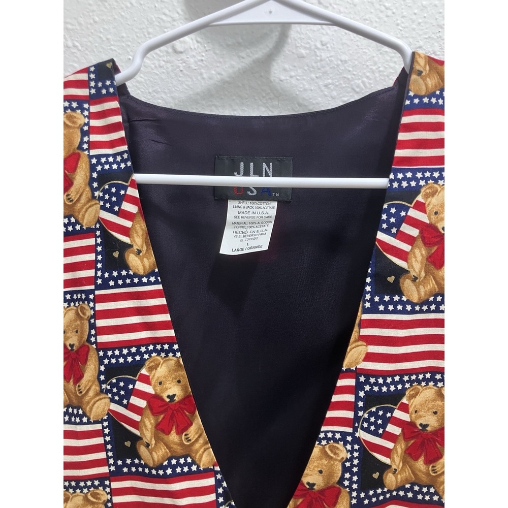 Vintage JLN USA Patriotic Teddy Bear Flag Print Vest Large Made in USA - Picture 3 of 10